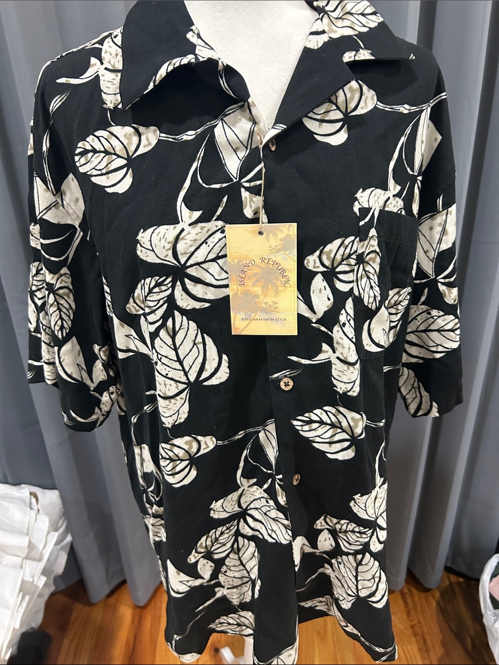 Island Republic 100% silk Black Button-Down Shirt with Cream Leaf Print